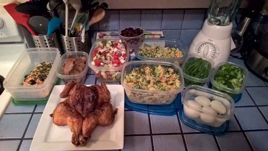 Gauche à droite : Saumon, filet mignon, Poulet, salade grecque, salade de couscous, oeufs cuits dur, fève vertes et broccoli blanchis.